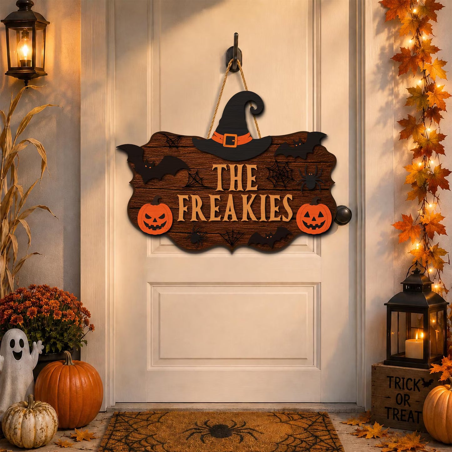 Custom Witch Hat Wooden Plaque with Pumpkin & Spooky Decor