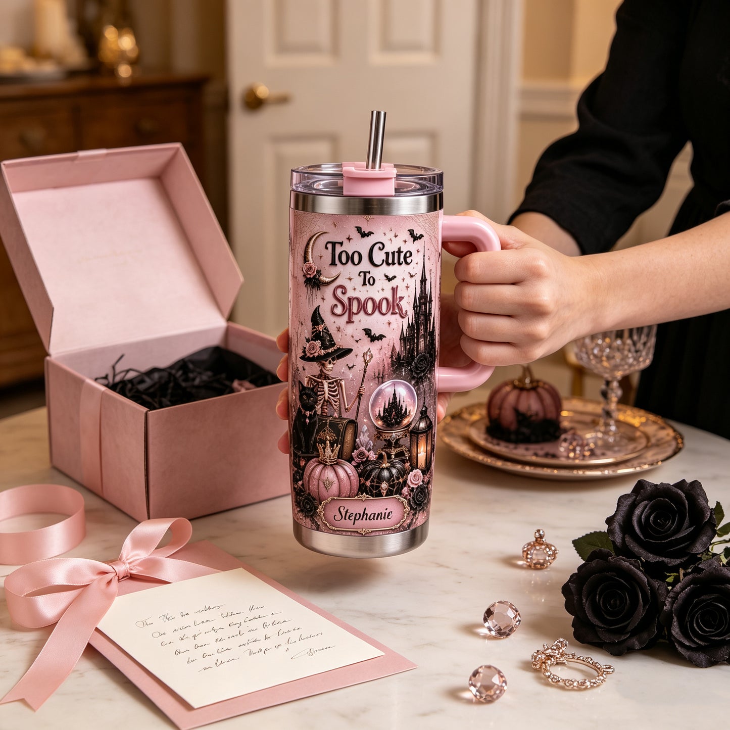 🎀Too Cute To Spook Custom Name Tumbler | Skeleton Witch
