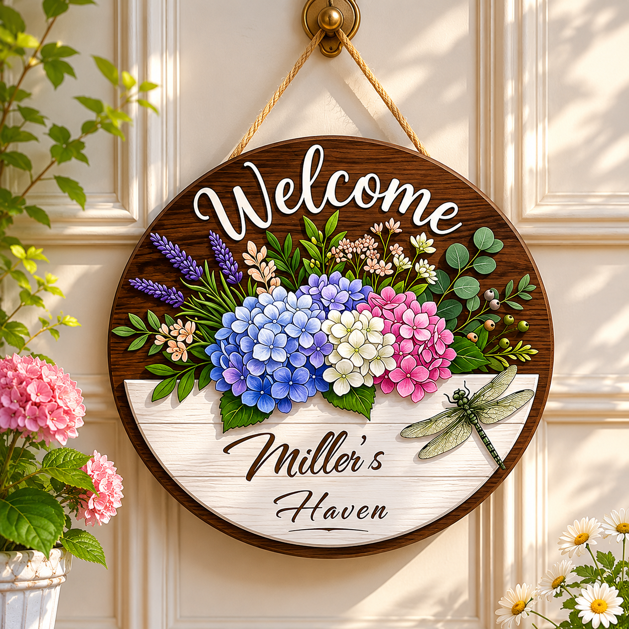 Personalized Hydrangea Dragonfly Welcome Wooden Door Hanger