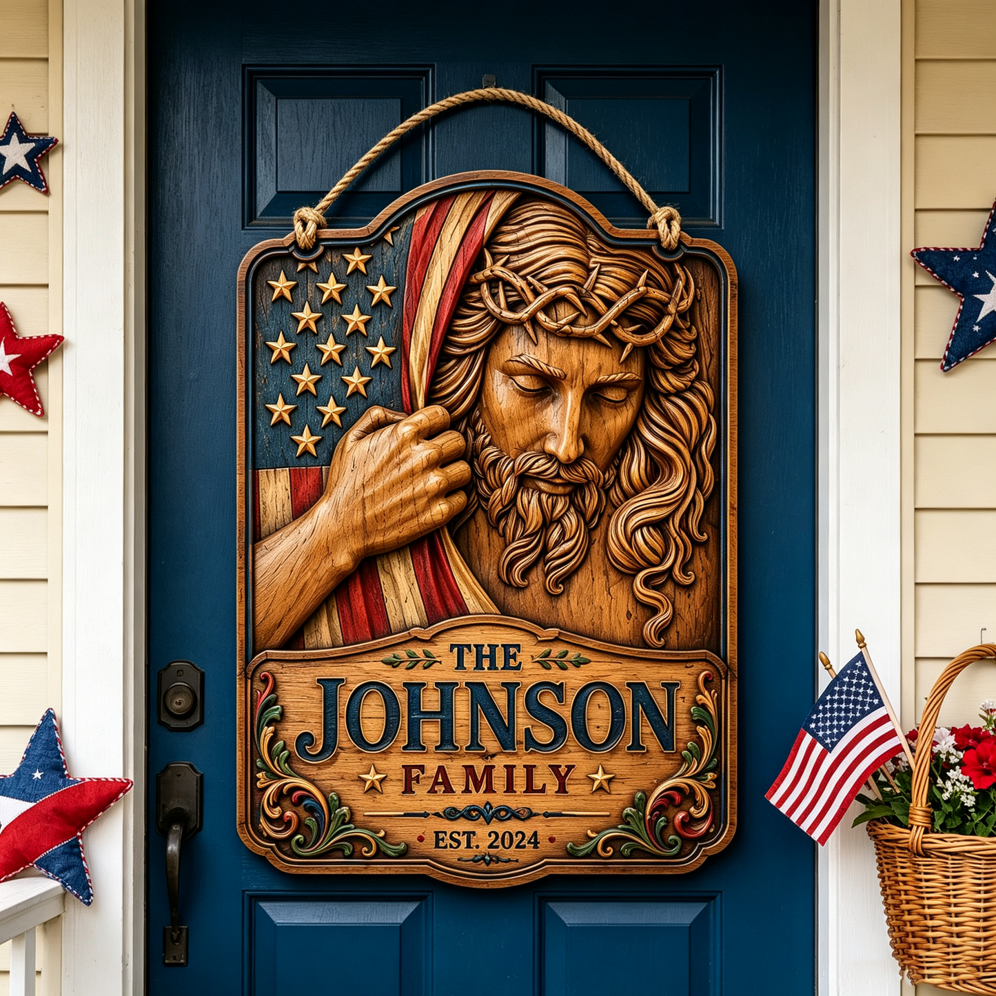 Personalized Patriotic Jesus American Flag Family Wood Sign