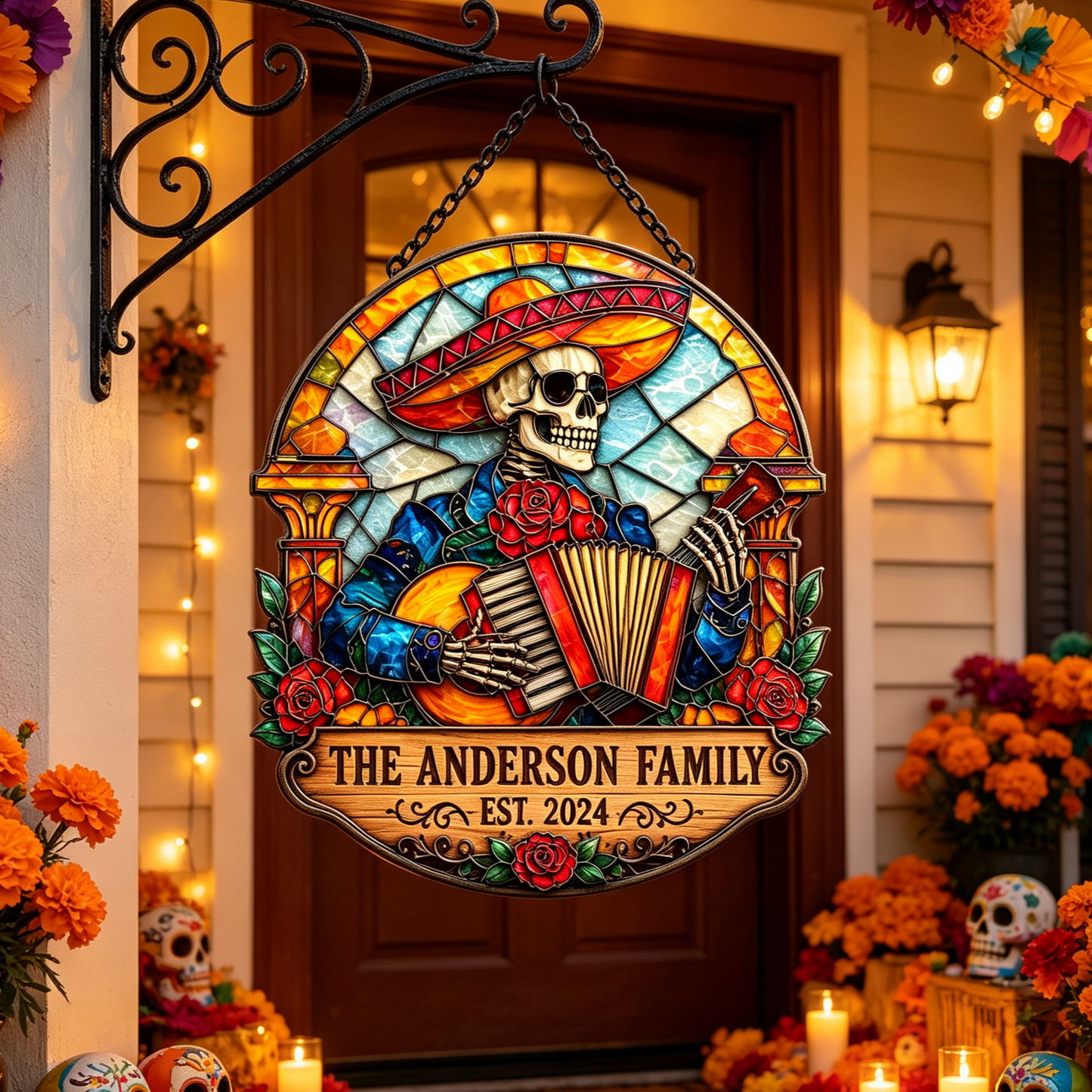 Custom Stained Glass Skeleton Accordion Family Sign