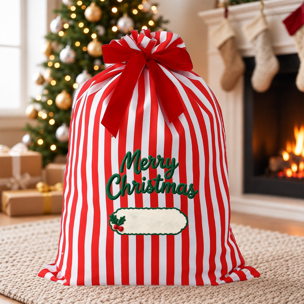 Personalized Striped Christmas Gift Sack, Custom Embroidered Name Santa Bag