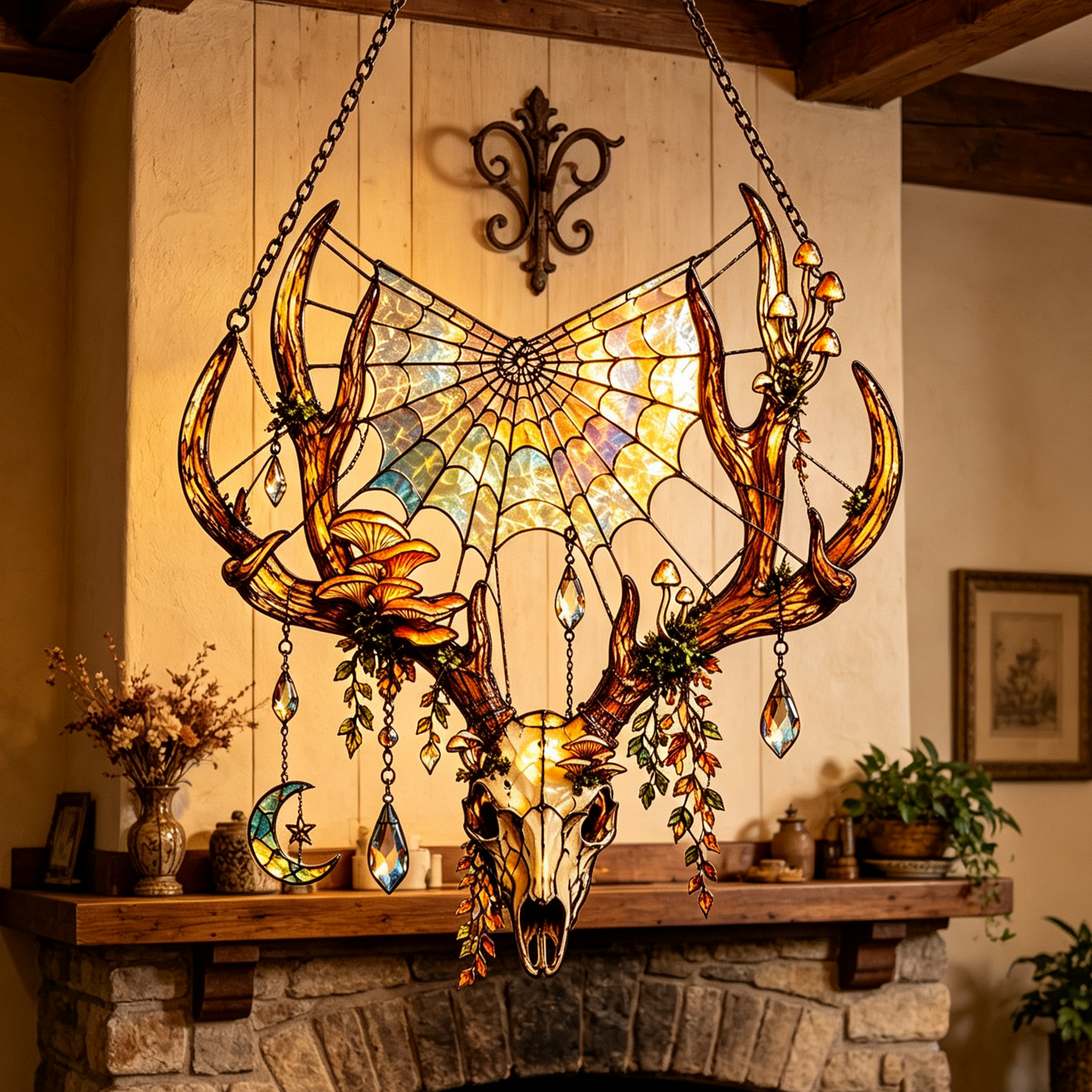 Stained Glass Deer Skull Mushroom Moon Window Hanging