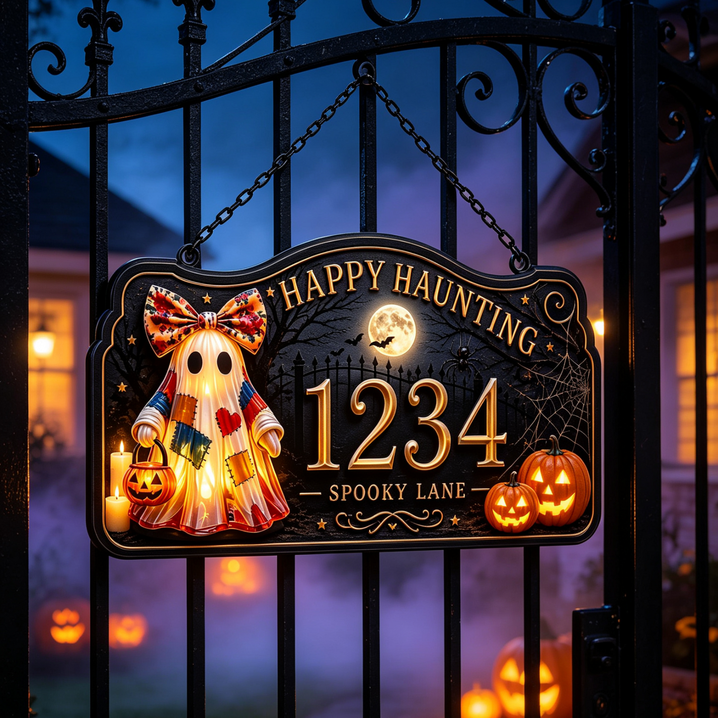 Patchwork Ghost Halloween Custom House Number Sign