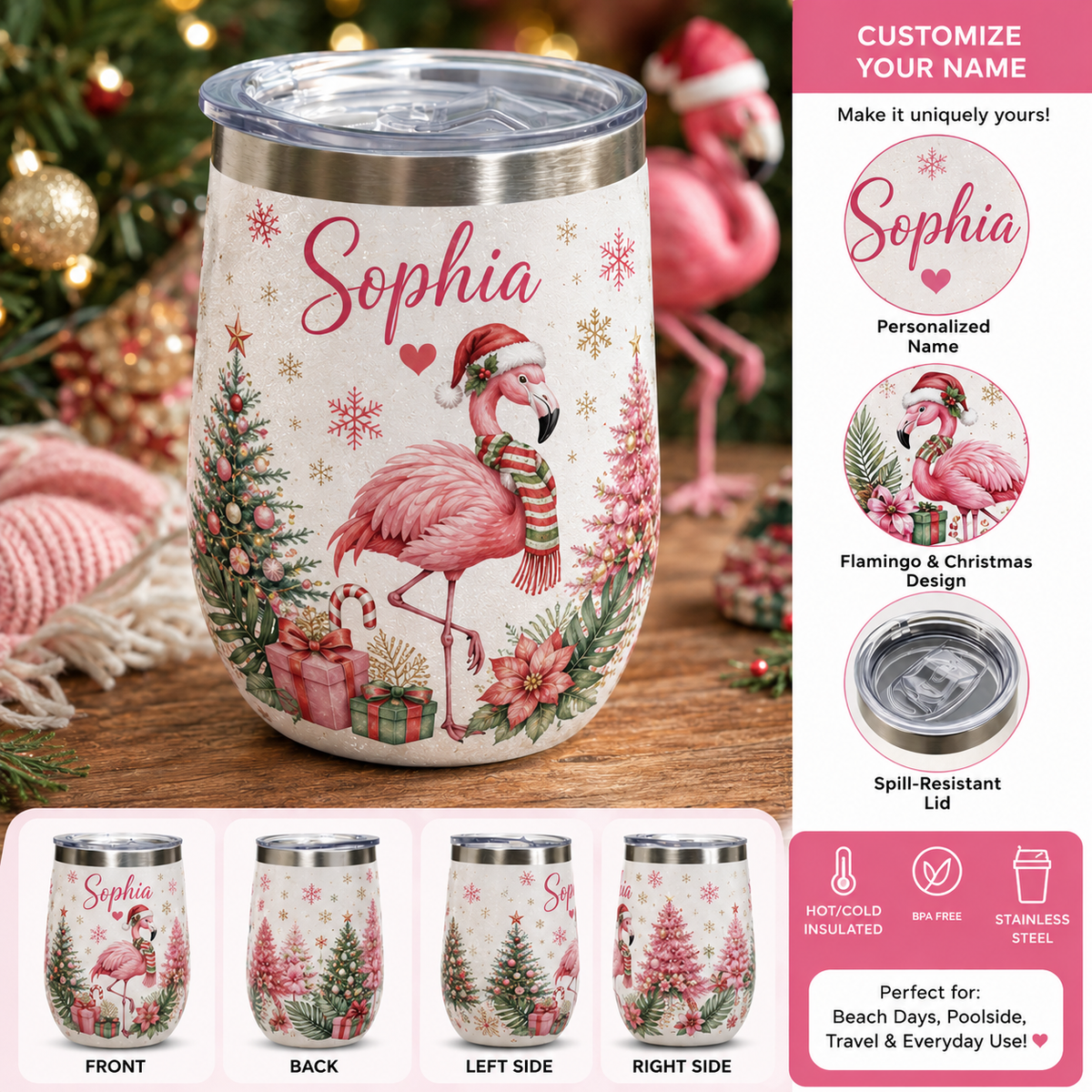 🎅Custom Name Christmas Wine Tumbler 🎁 2 Festive Animal Designs