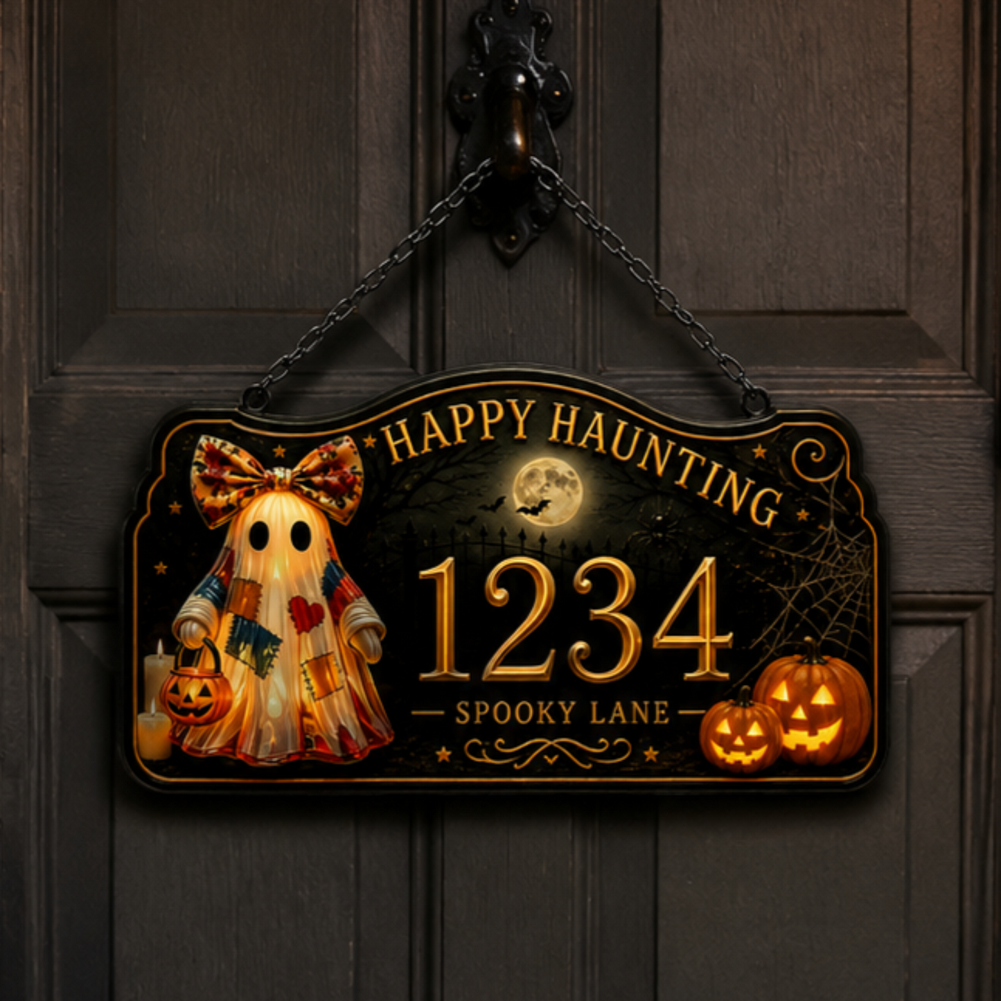 Patchwork Ghost Halloween Custom House Number Sign