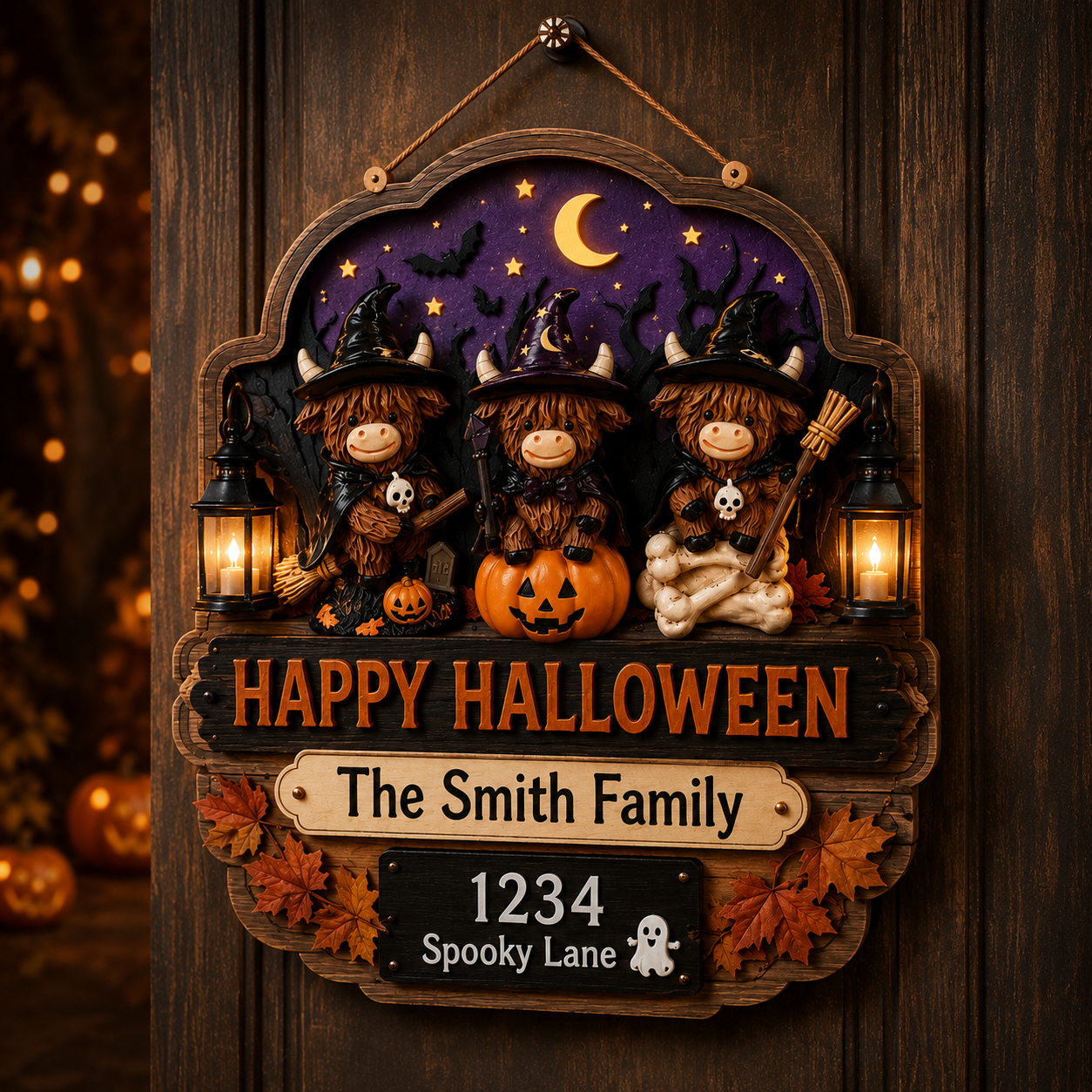 Personalized Highland Cow Halloween Door Sign