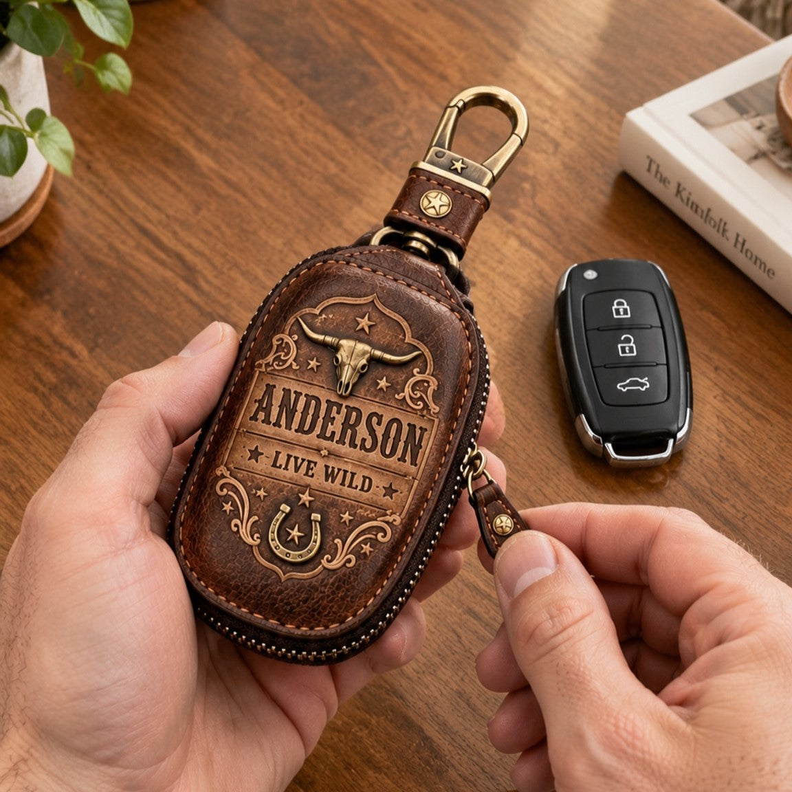 🤠Custom Name Western Cowboy Key Fob Cover 🐂 Vintage Leather Longhorn Key Case