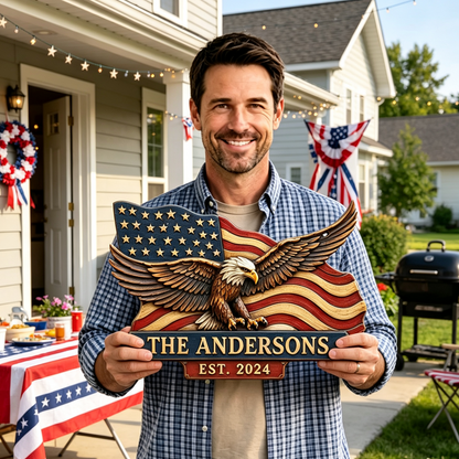 Custom American Flag Bald Eagle Family Name Sign