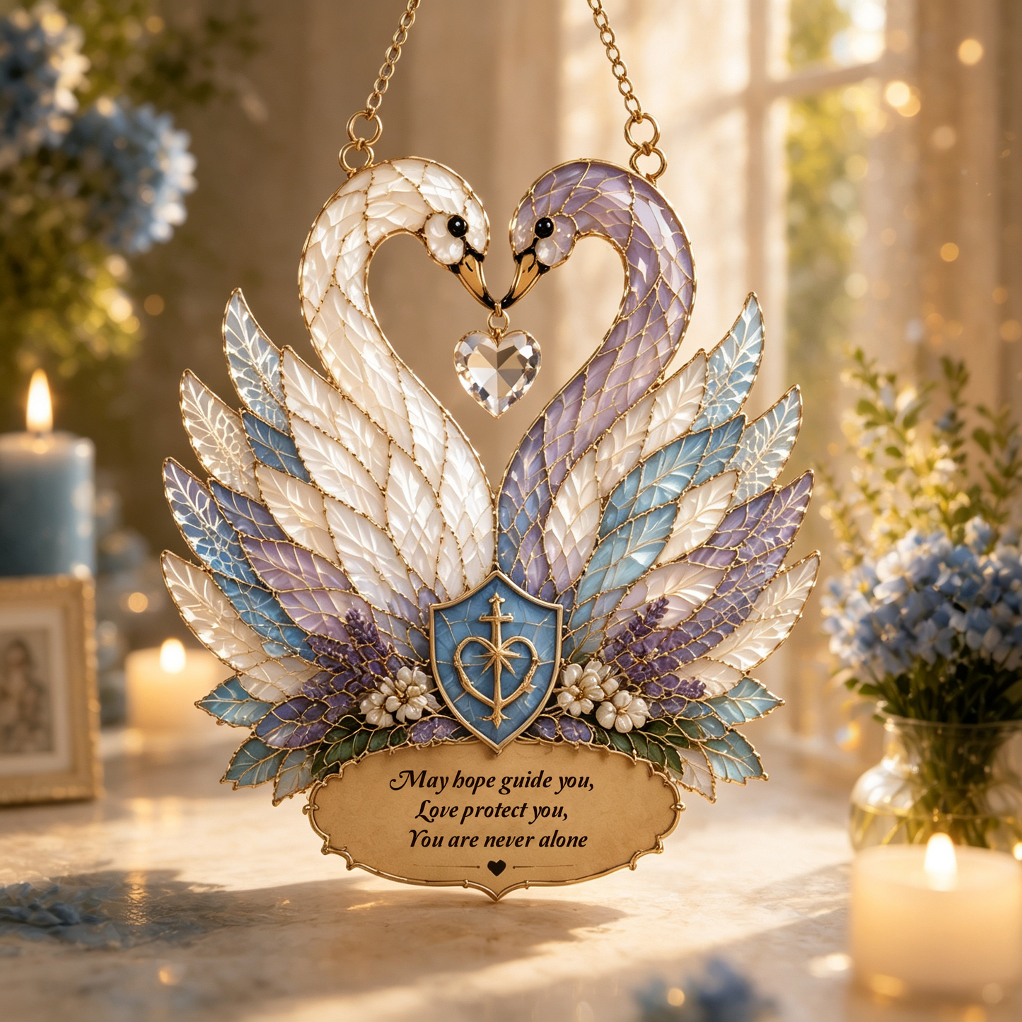 🦢Stained Glass Style Double Swan Hanging Suncatcher Ornament 💛5 Styles Memorial & Love Quote Window Hanging Decor Sympathy Gift for Home