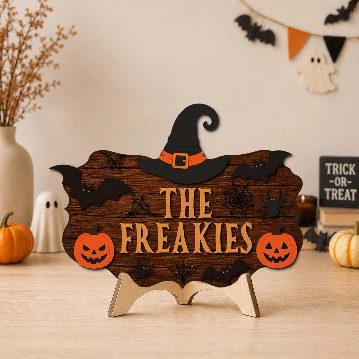 Custom Witch Hat Wooden Plaque with Pumpkin & Spooky Decor
