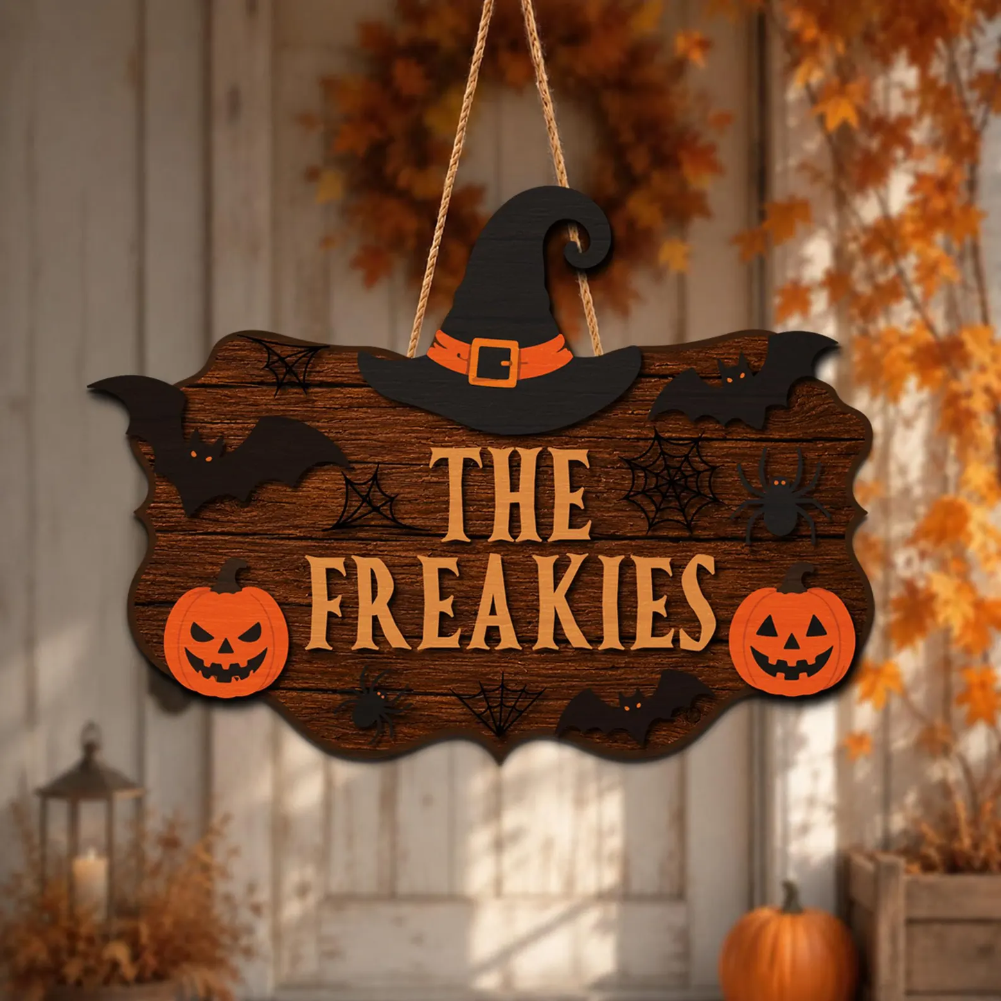 Custom Witch Hat Wooden Plaque with Pumpkin & Spooky Decor