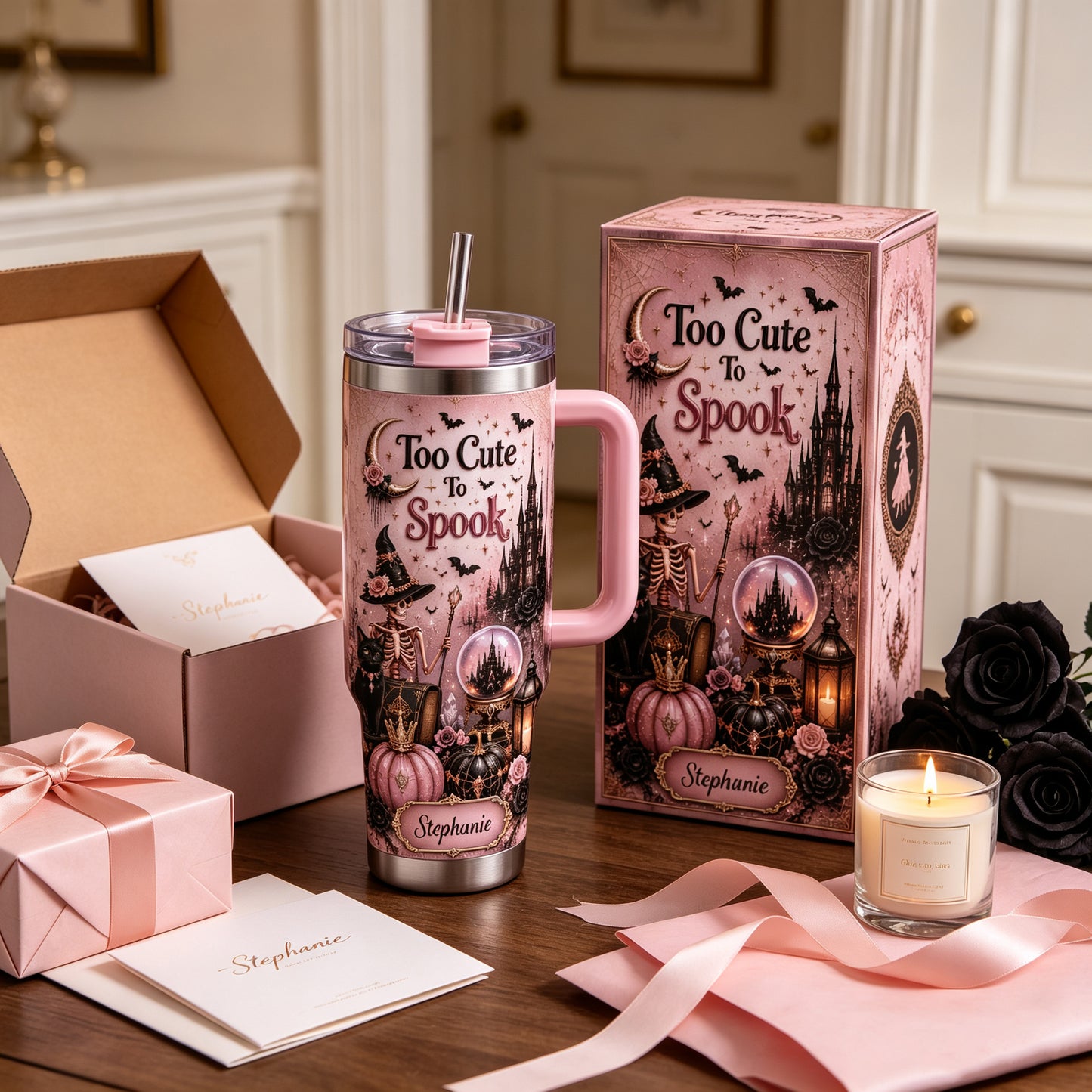 🎀Too Cute To Spook Custom Name Tumbler | Skeleton Witch