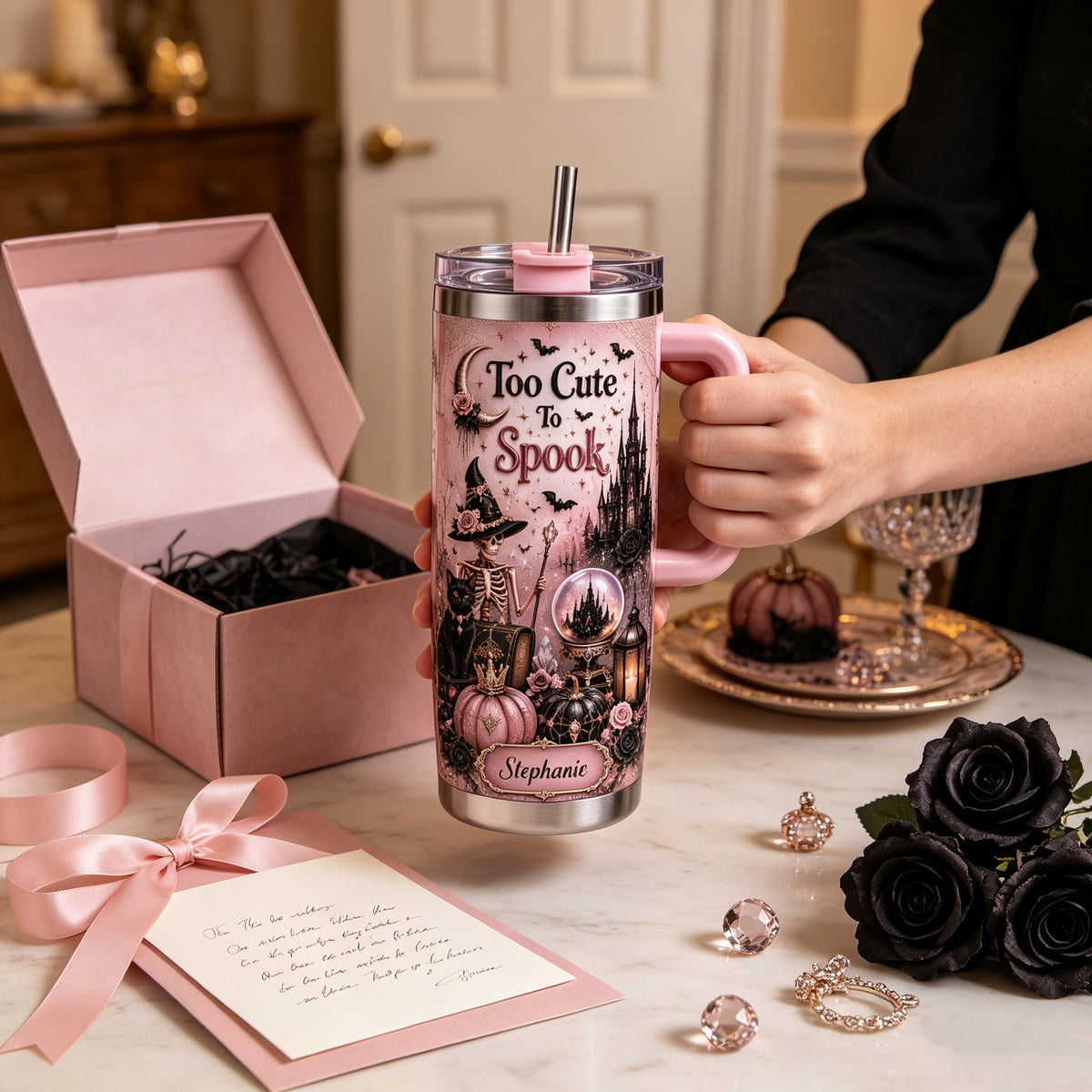 🎀Too Cute To Spook Custom Name Tumbler | Skeleton Witch