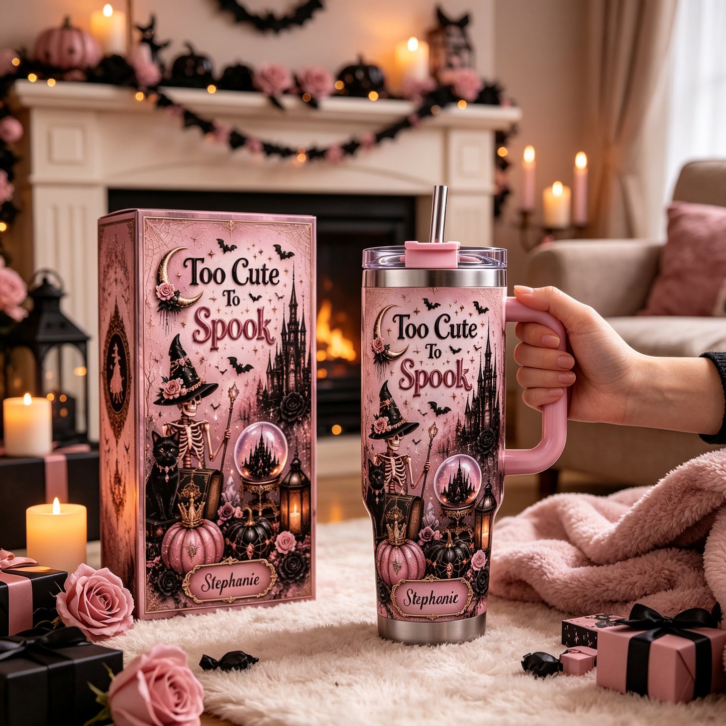 🎀Too Cute To Spook Custom Name Tumbler | Skeleton Witch