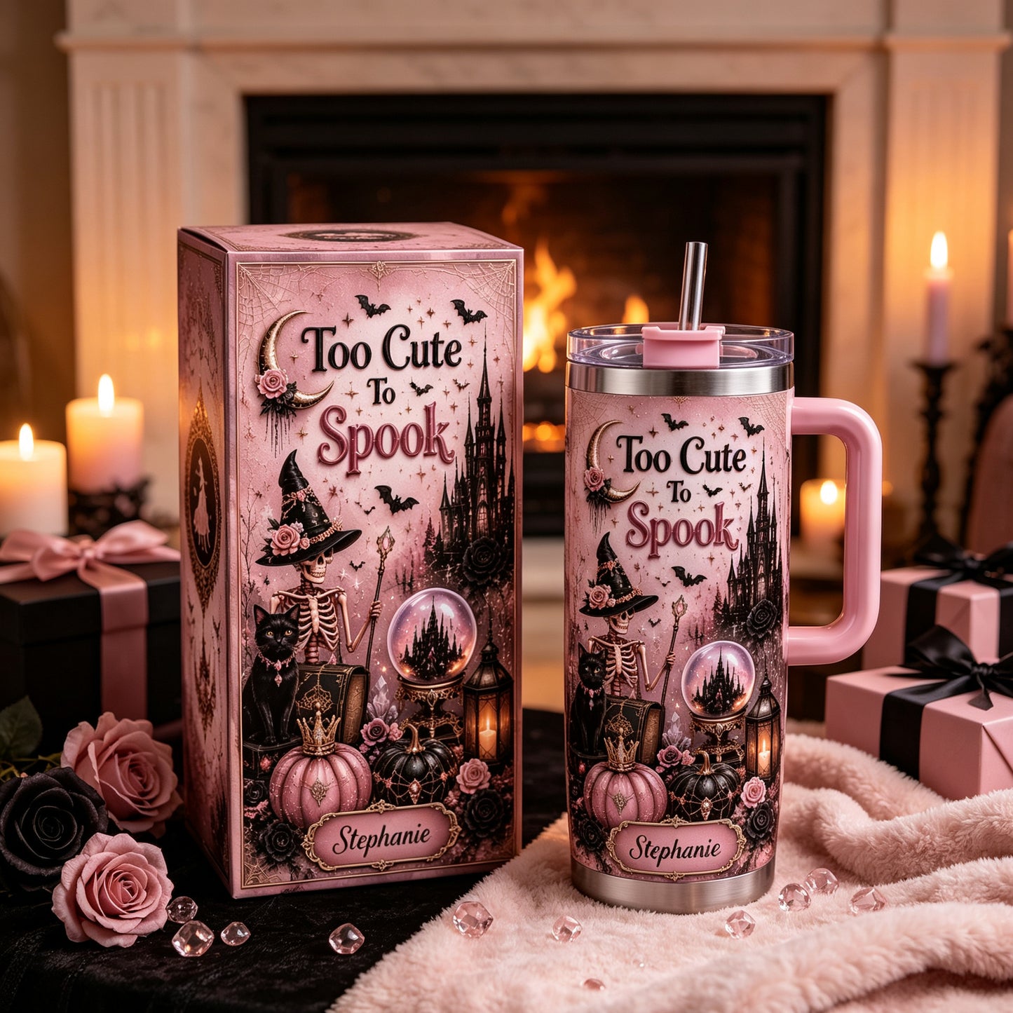 🎀Too Cute To Spook Custom Name Tumbler | Skeleton Witch