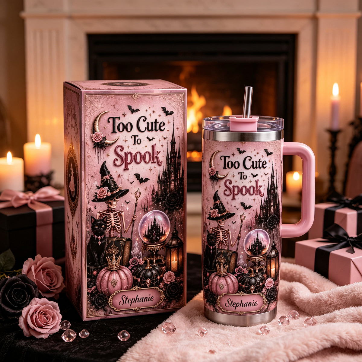 🎀Too Cute To Spook Custom Name Tumbler | Skeleton Witch