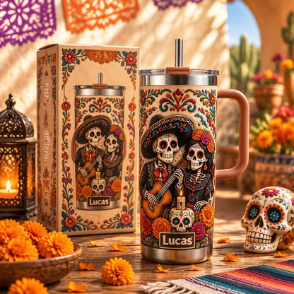 💀 Personalized Día de los Muertos Sugar Skull Couple 40oz Handle Tumbler 🌺🎸