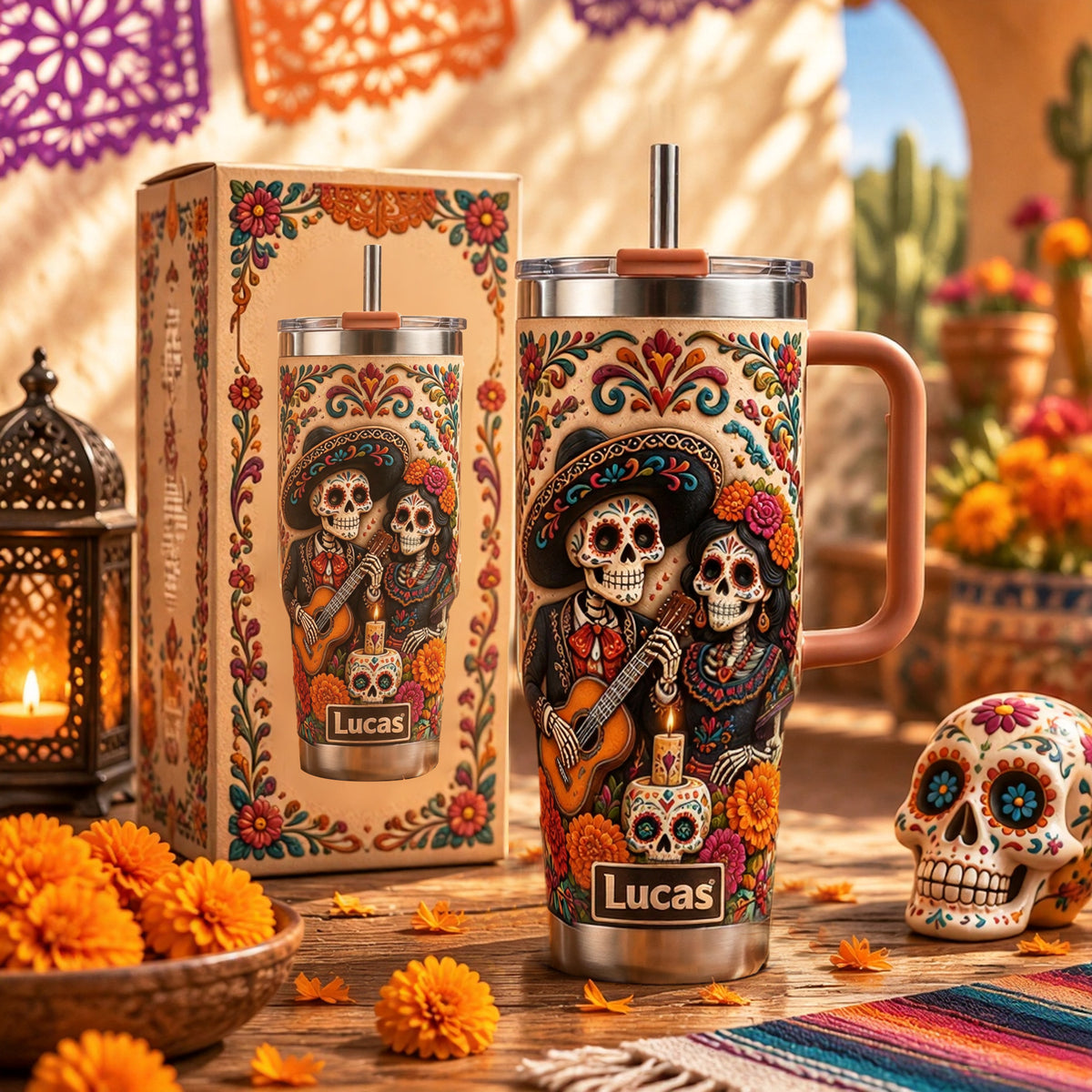 💀 Personalized Día de los Muertos Sugar Skull Couple 40oz Handle Tumbler 🌺🎸