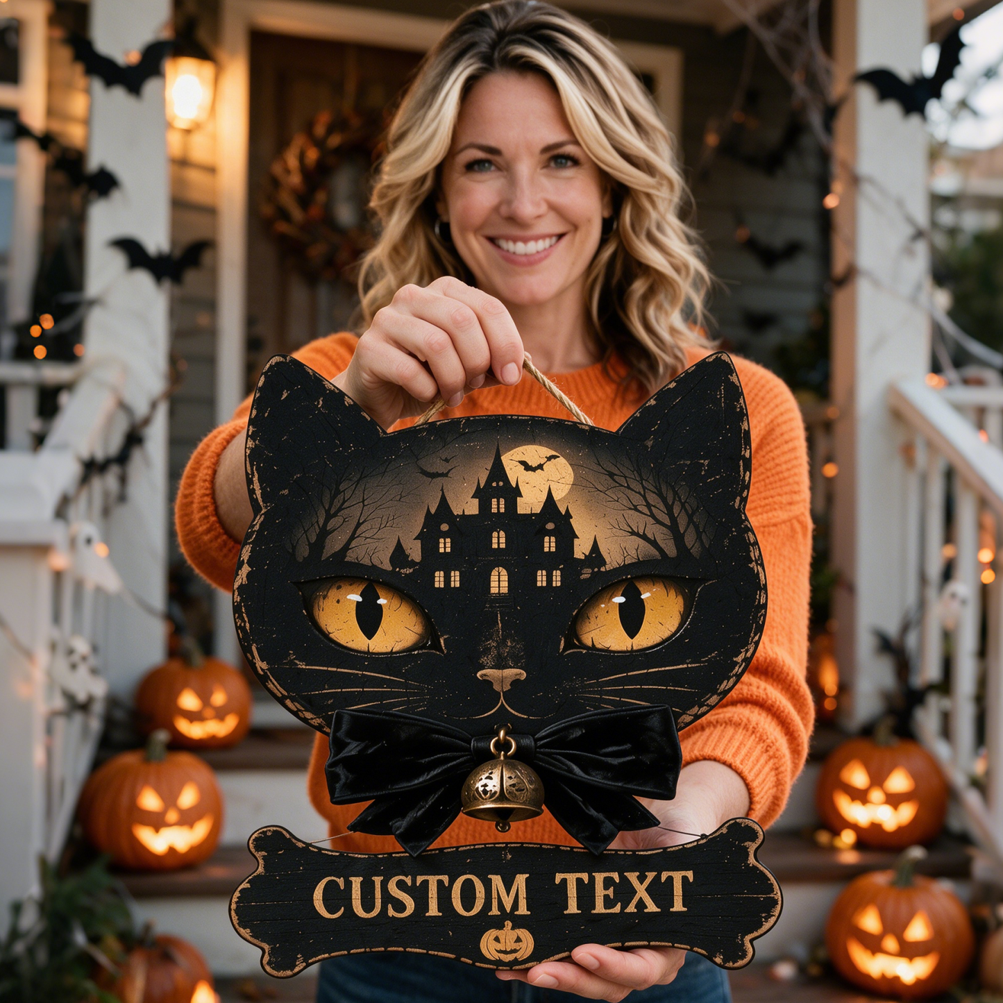 Custom Black Cat Halloween Family Name Sign