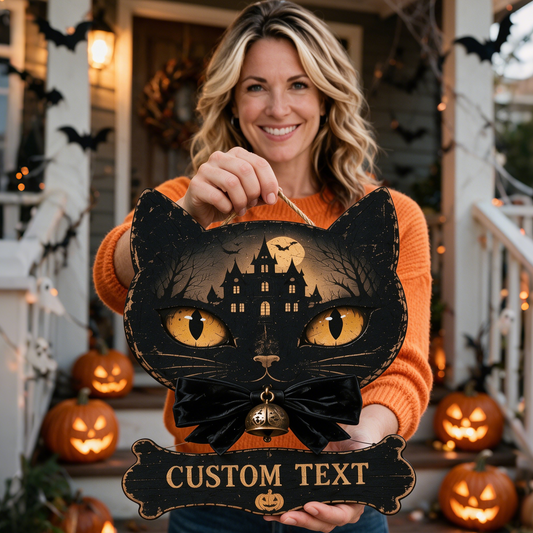 Custom Black Cat Halloween Family Name Sign