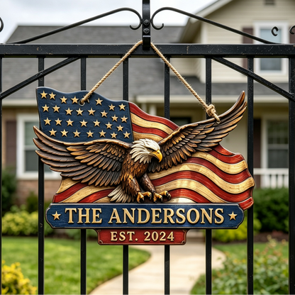 Custom American Flag Bald Eagle Family Name Sign