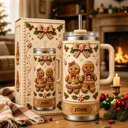 🍪 Personalized Christmas Gingerbread Couple 40oz Handle Tumbler 🎄✨