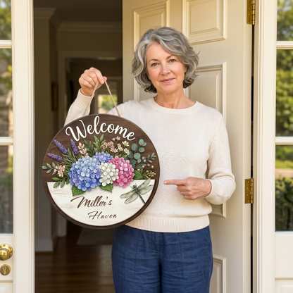 Personalized Hydrangea Dragonfly Welcome Wooden Door Hanger