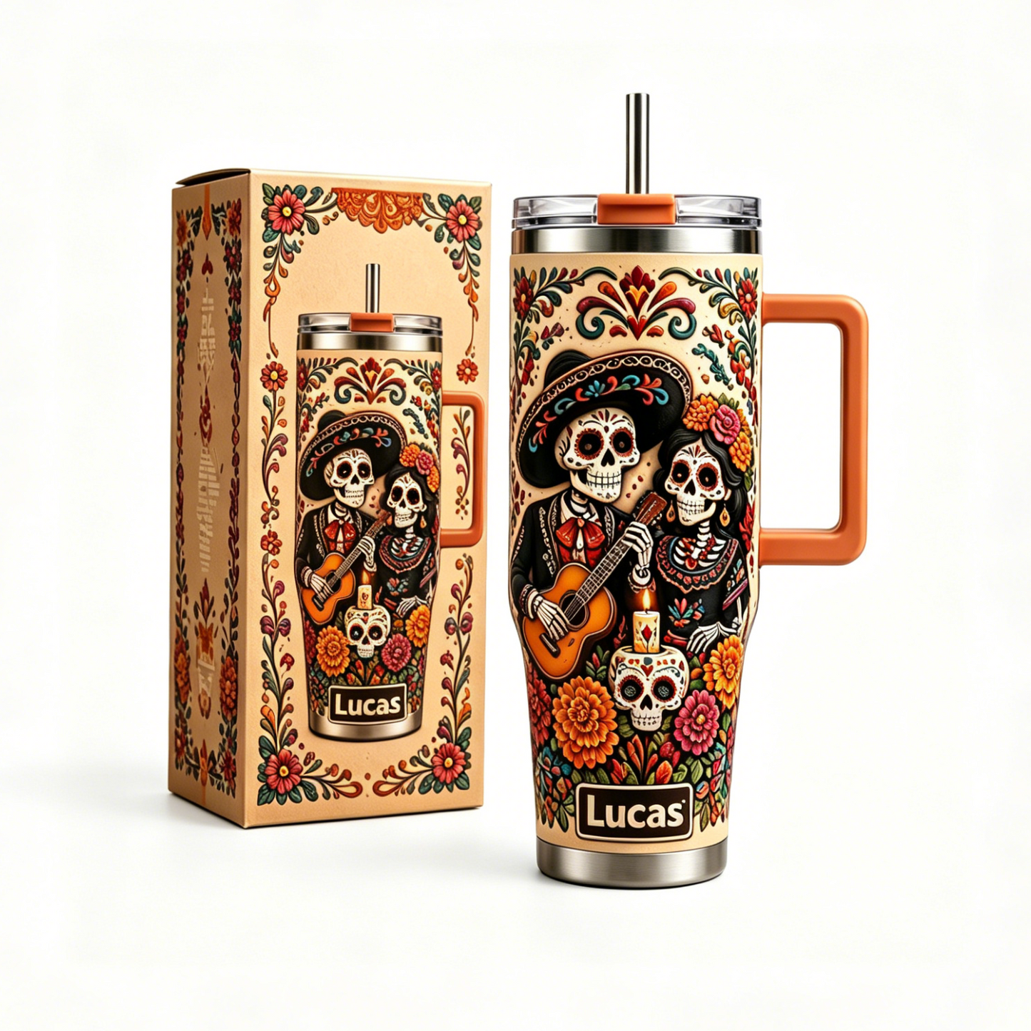 💀 Personalized Día de los Muertos Sugar Skull Couple 40oz Handle Tumbler 🌺🎸