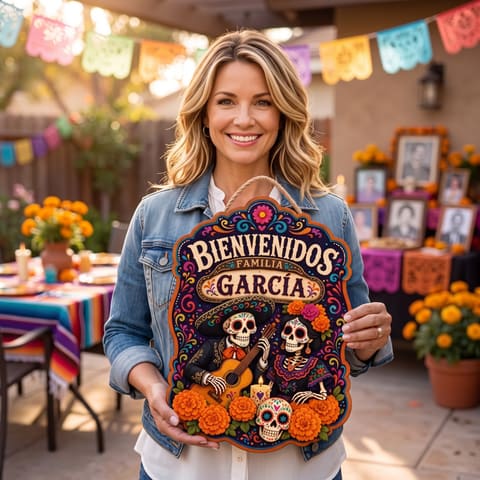 Personalized Dia De Los Muertos Familia Name Hanging Sign