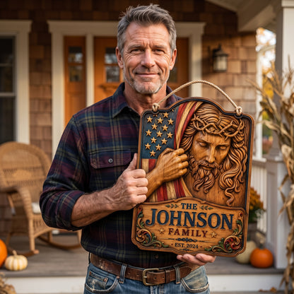 Personalized Patriotic Jesus American Flag Family Wood Sign