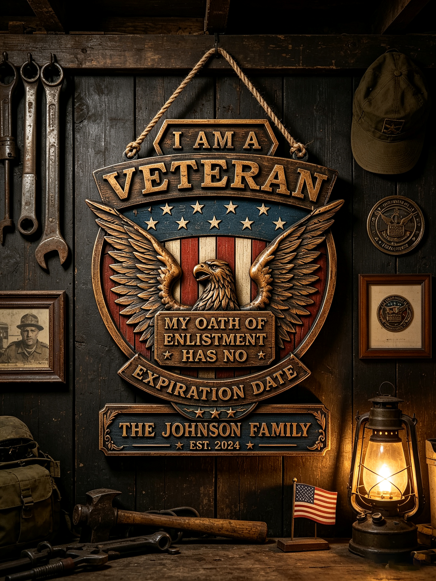 Personalized Patriotic Veteran Eagle Family Wood Sign