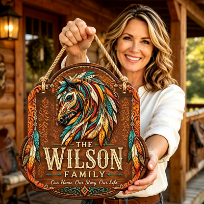 Custom Southwest Feather Horse Family Wood Sign
