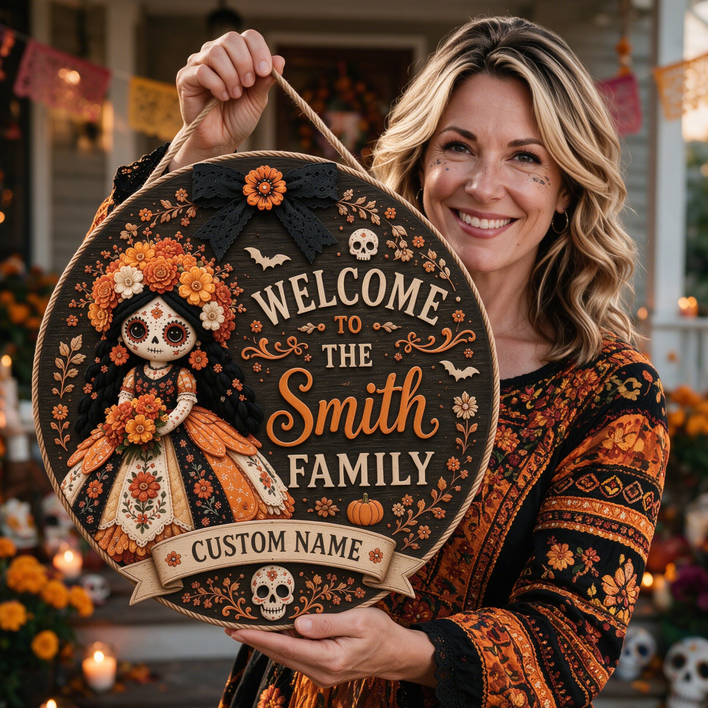 Custom Day of the Dead Doll Family Welcome Sign
