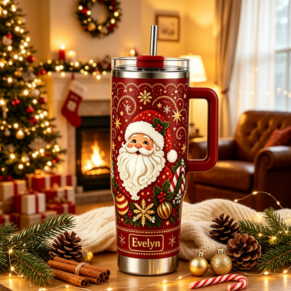 🎅 Personalized Christmas Santa Snowflake 40oz Handle Tumbler 🎄✨