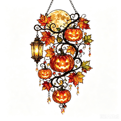 Halloween Pumpkin Moon Stained Glass Window Hanging