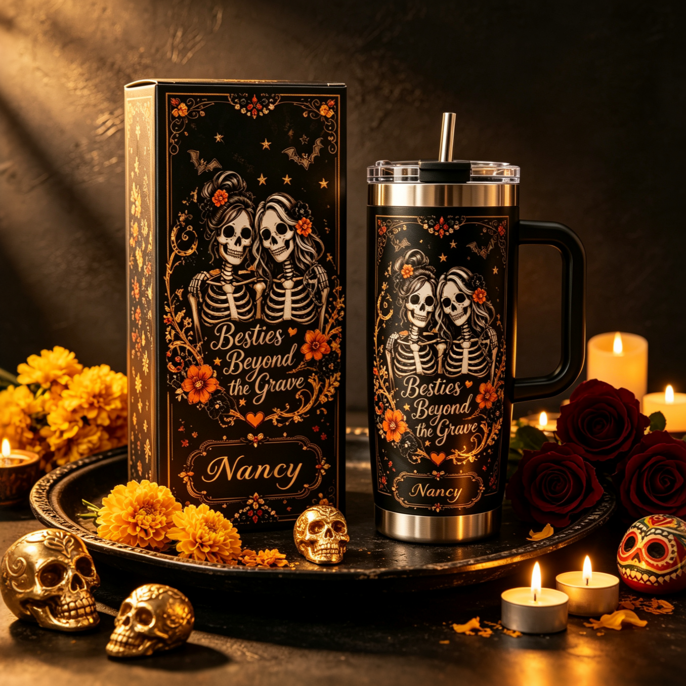 💀Custom Name Skeleton Besties Tumbler | Gothic Day of The Dead Insulated Mug