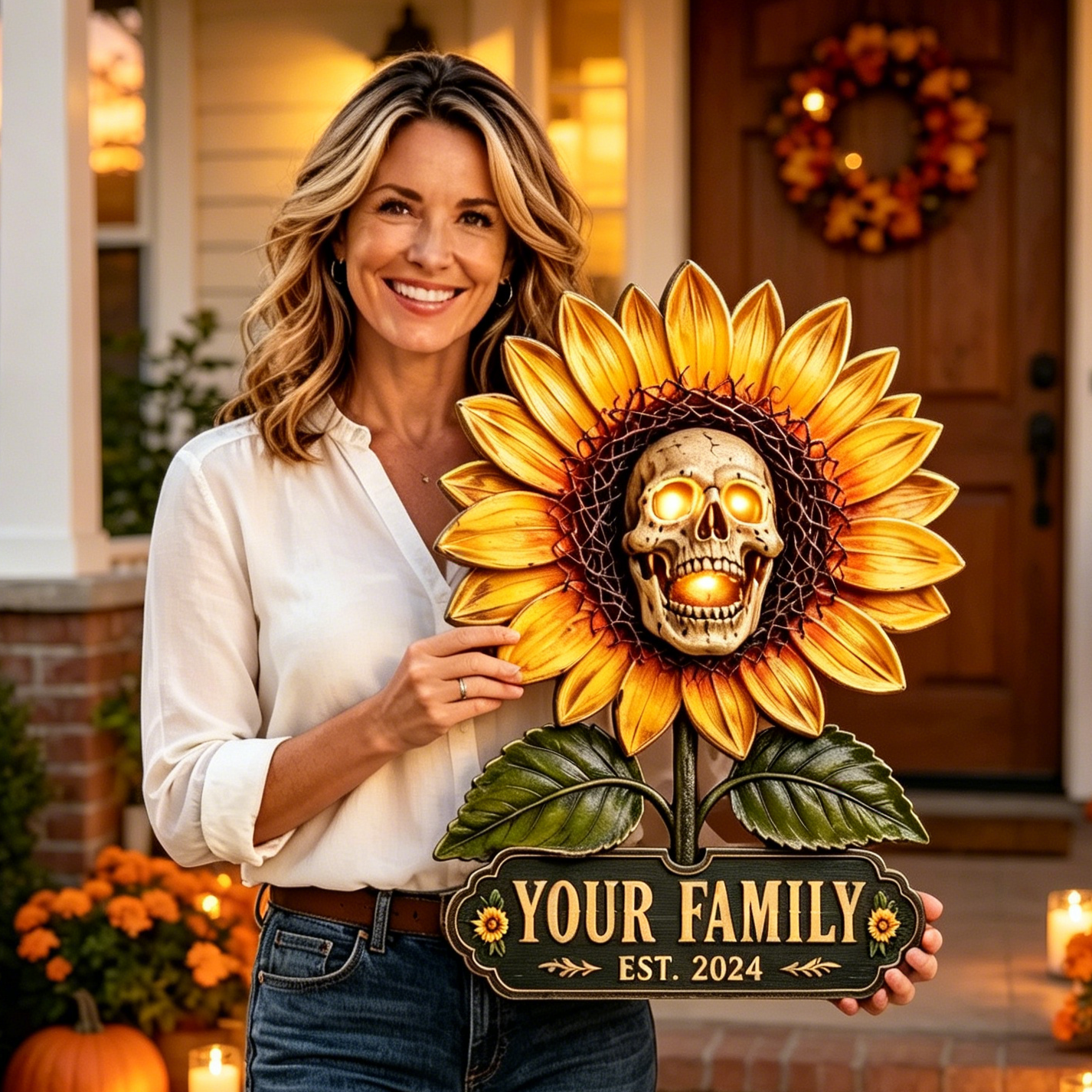 Personalized Sunflower Skull Family Name Door Sign