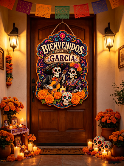 Personalized Dia De Los Muertos Familia Name Hanging Sign