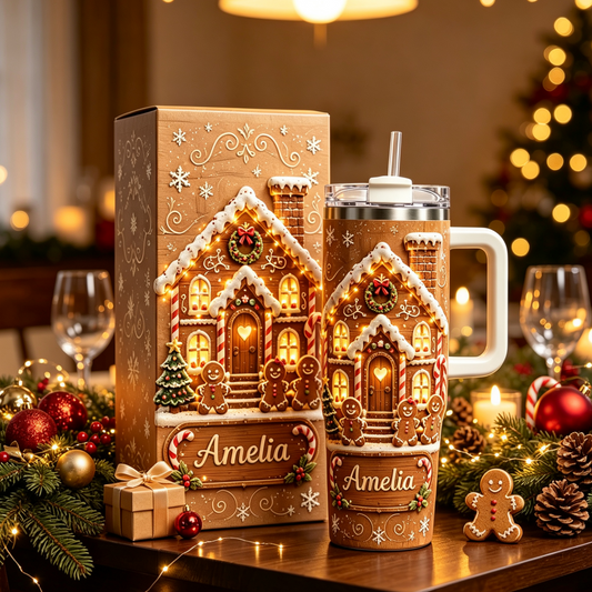 🏠 Personalized Gingerbread House Christmas Insulated Tumbler With Handle