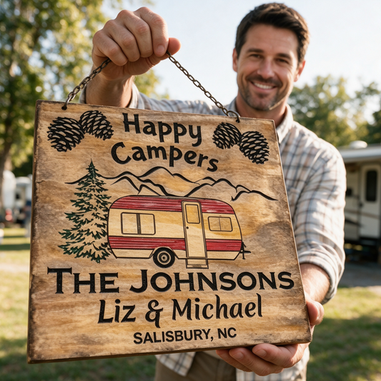 Custom Happy Campers RV Family Name Sign