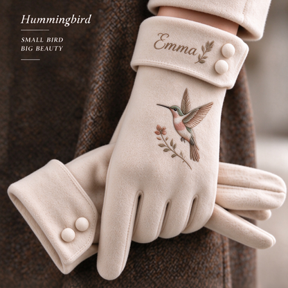 Personalized Nature Embroidered Winter Gloves – Custom Name Flamingo, Hummingbird, Butterfly & Red Bird Gloves