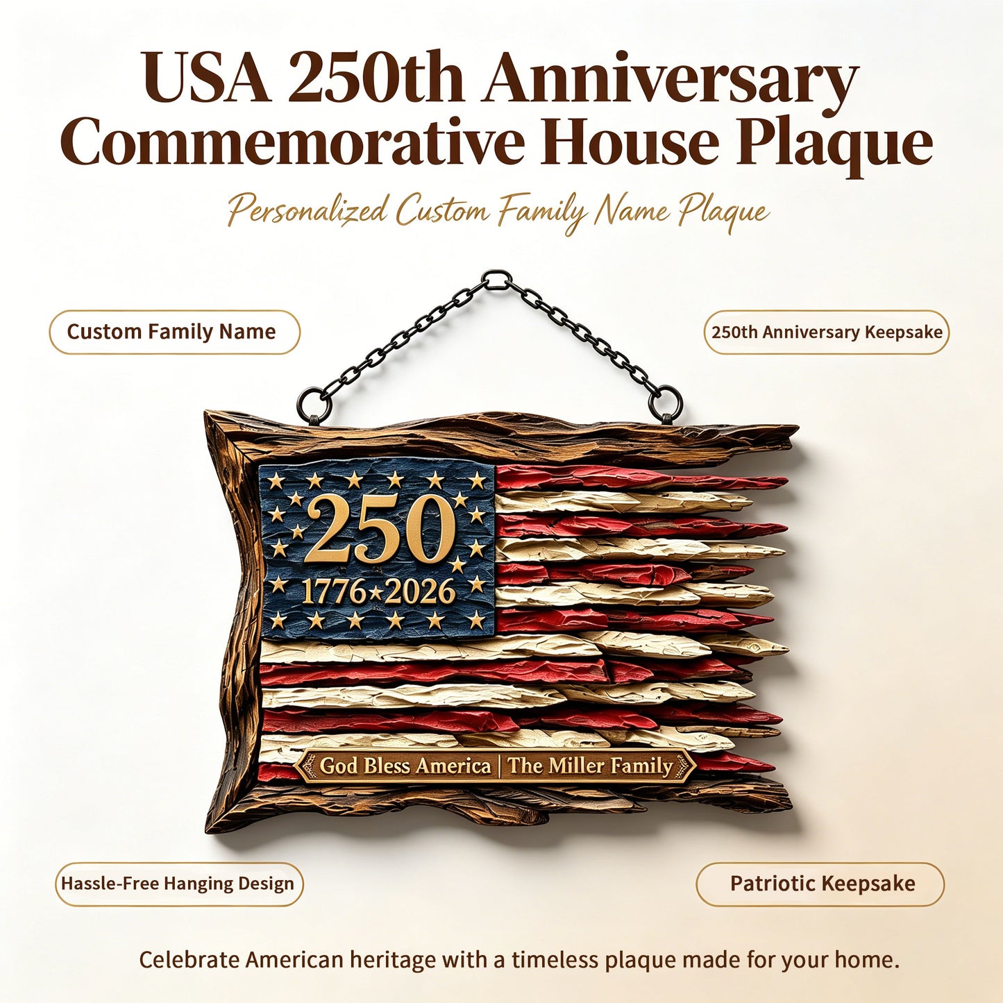 Custom USA 250th Anniversary Flag Plaque