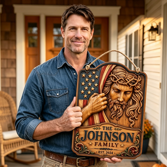 Personalized Patriotic Jesus American Flag Family Wood Sign