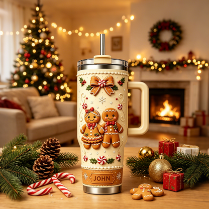 🍪 Personalized Christmas Gingerbread Couple 40oz Handle Tumbler 🎄✨
