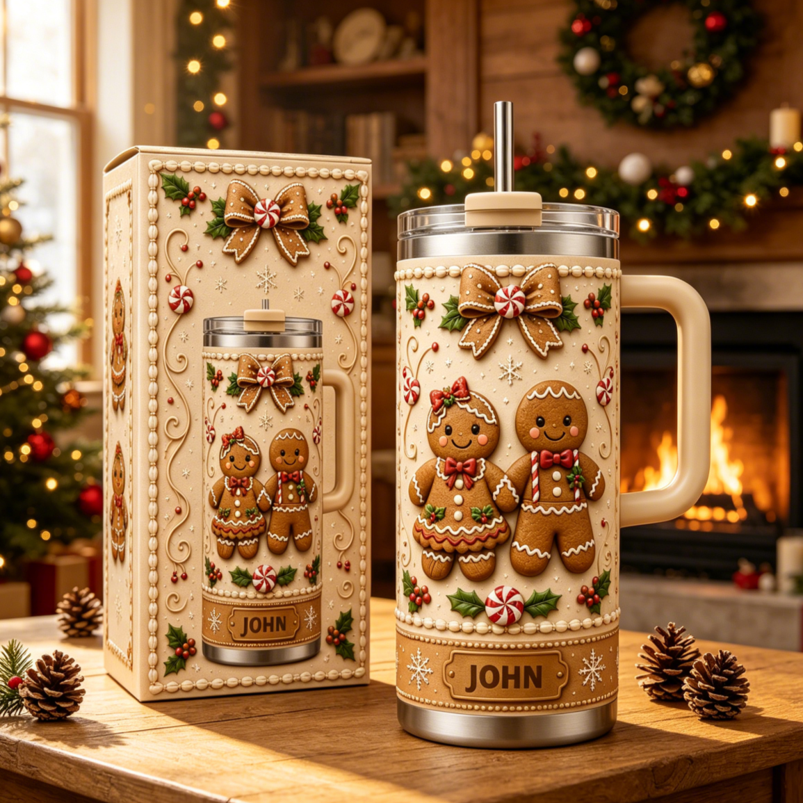 🍪 Personalized Christmas Gingerbread Couple 40oz Handle Tumbler 🎄✨