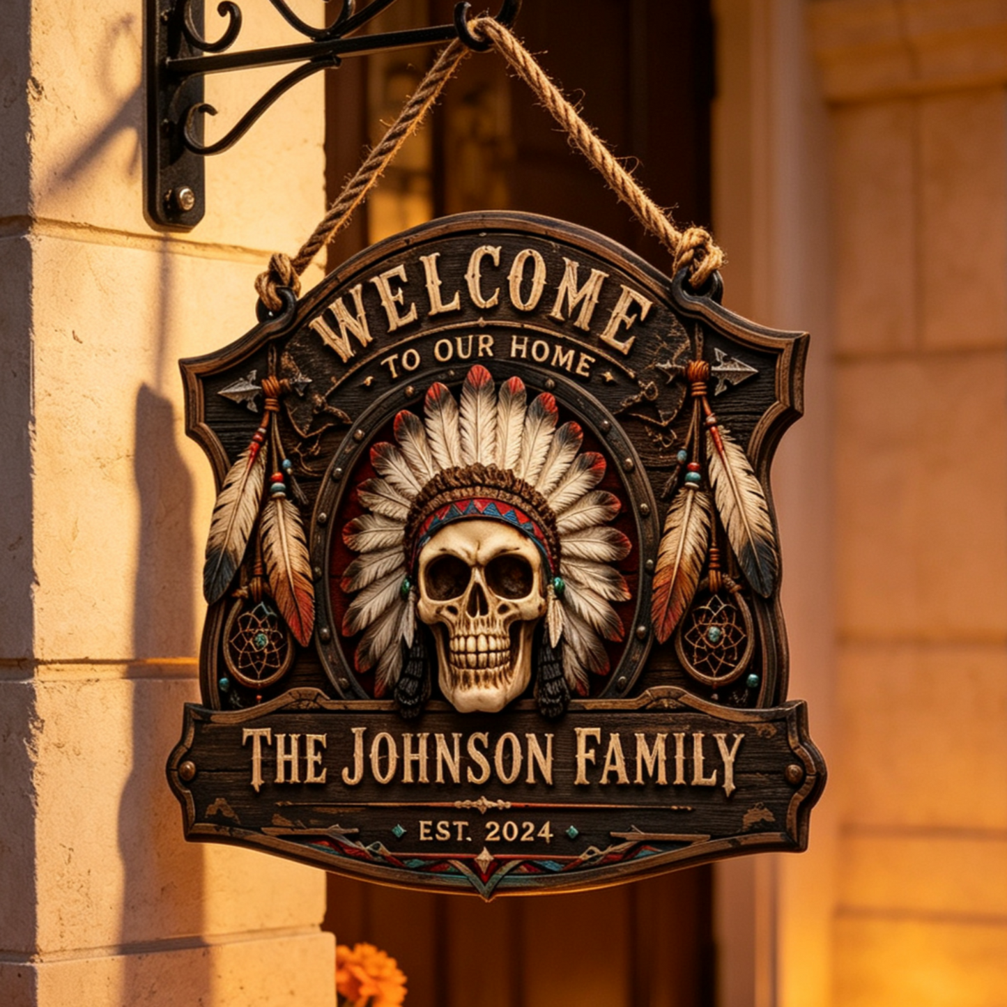 Custom Native American Skull Family Welcome Sign