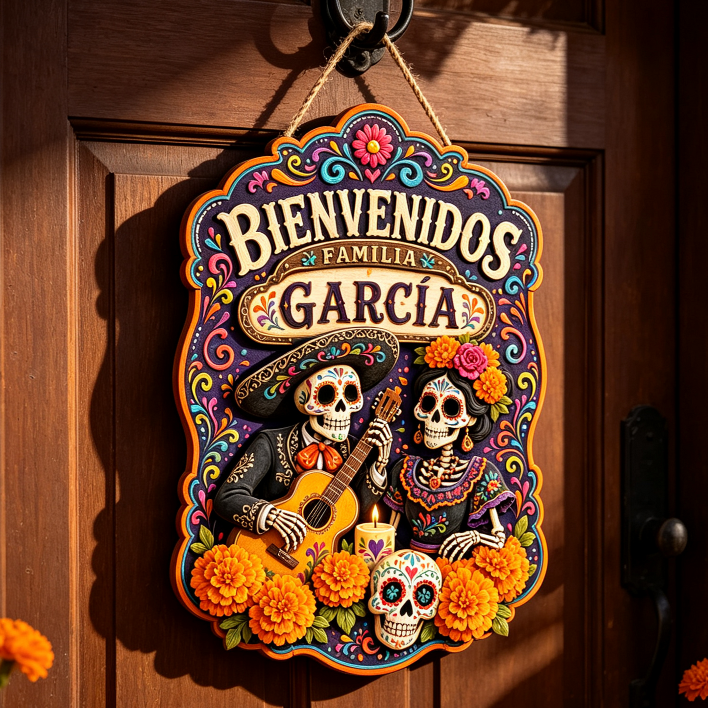 Personalized Dia De Los Muertos Familia Name Hanging Sign