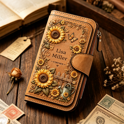 🌸Custom Name Women Floral Leather Wallet 🌻Personalized Vintage Flower Butterfly Long Clutch Purse Hydrangea Sunflower Lavender Rose Custom Gift for Her