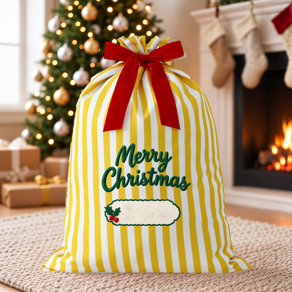 Personalized Striped Christmas Gift Sack, Custom Embroidered Name Santa Bag